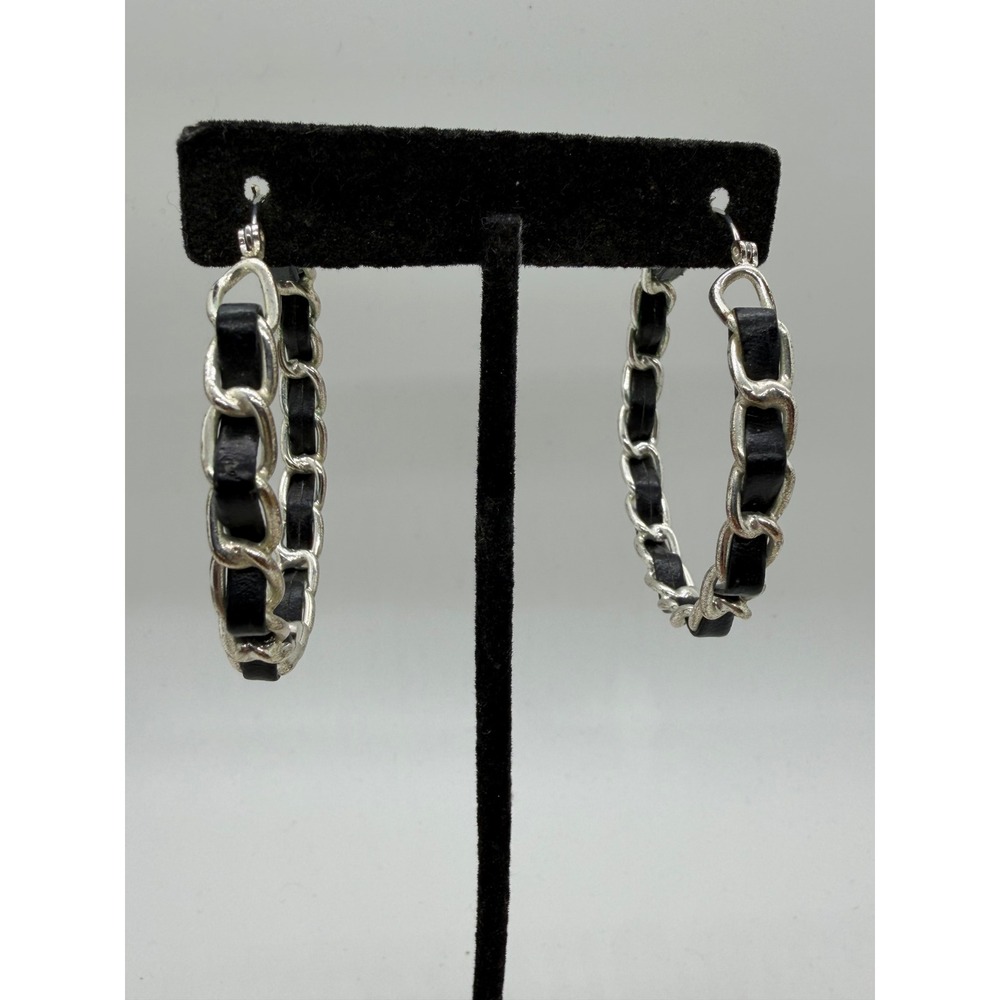 Silver Tone Woven Black Leather Chain Link Hoop Earrings Latch Back